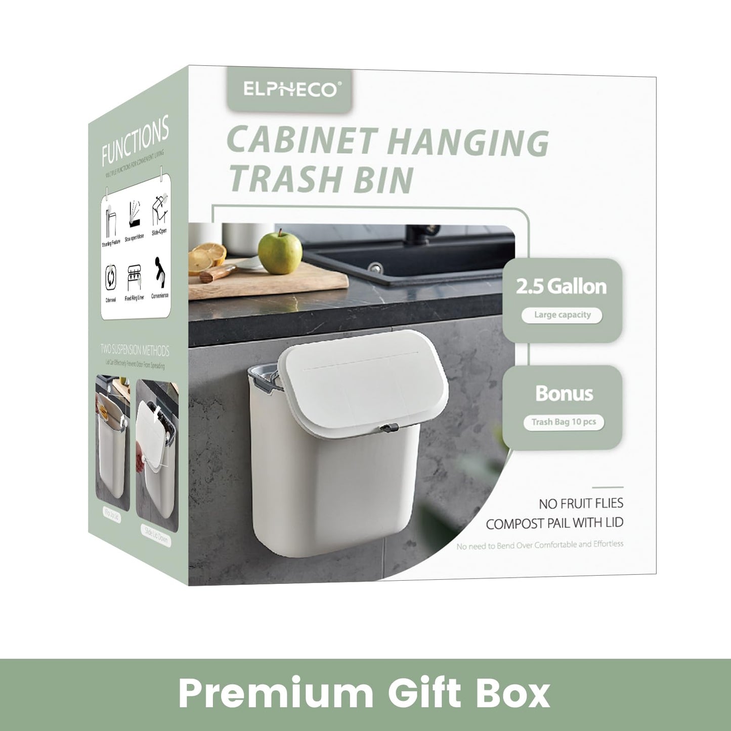 ELPHECO Compost Bin, 2.5 Gallon Hanging Trash Can with Lid, Kitchen Cabinet Door Under Sink Plastic Garbage Can Wall Mounted Slide Open, White - Available at All In One Marketplace Canada