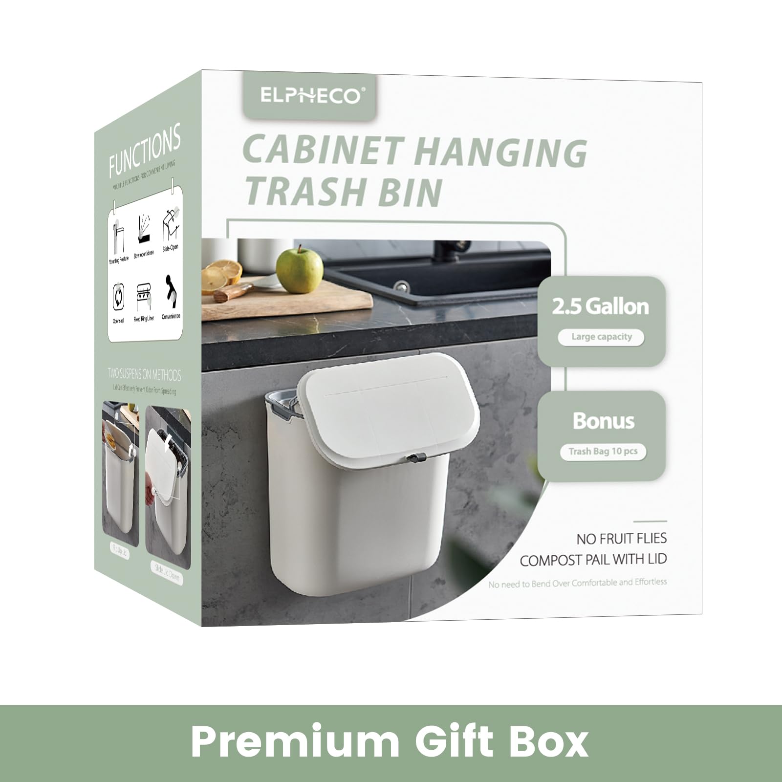 ELPHECO Compost Bin, 2.5 Gallon Hanging Trash Can with Lid, Kitchen Cabinet Door Under Sink Plastic Garbage Can Wall Mounted Slide Open, White - Available at All In One Marketplace Canada