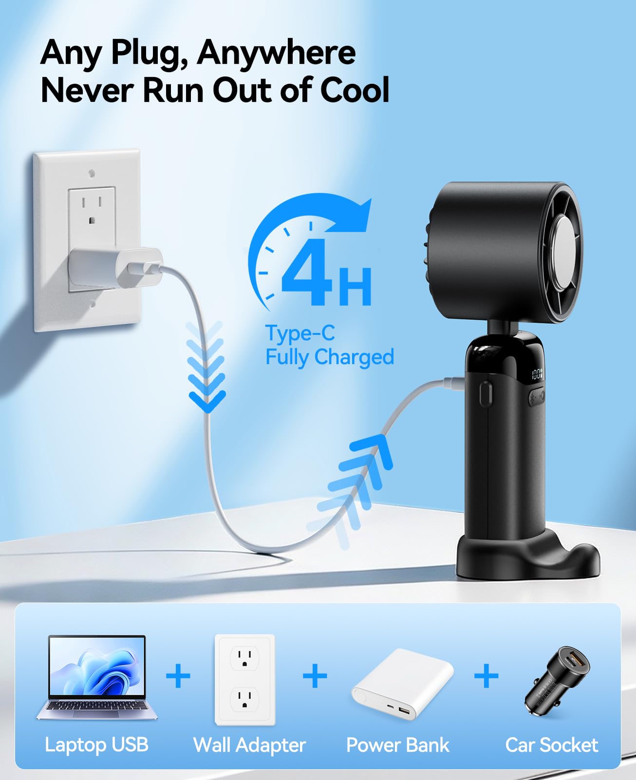 KIMMOO Portable Handheld Turbo Fan with Ice Cooler, Powerful 21000 RPM, Speed (1-199), Up to 14Hrs Cooling, Rechargeable Personal Fan (Black) - Available at All In One Marketplace Canada