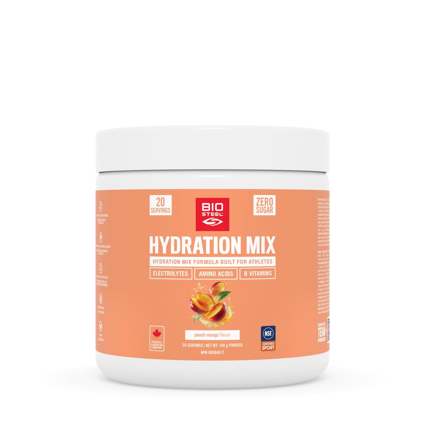 BioSteel Hydration Mix, Great Tasting Hydration with Zero Sugar, and No Artificial Flavours or Preservatives, Peach Mango Flavour, 20 Servings per Tub - Available at All In One Marketplace Canada