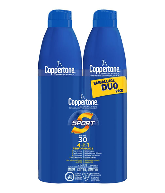 Coppertone Sport Sunscreen Spray SPF 30 Duo Pack, 4-in-1 Performance, Sweat and Water Resistant Spray Sunscreen Broad Spectrum SPF 30 UVA/UVB Protection, Oxybenzone Free, 2x 215mL - Available at All In One Marketplace Canada