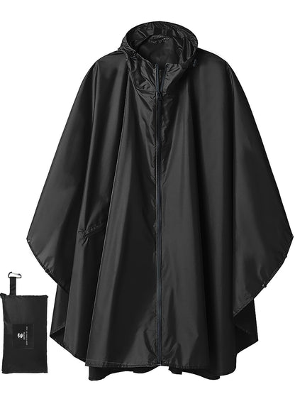 SaphiRose Hooded Rain Ponchos Outdoor Waterproof Raincoat Jacket for Adults with Zipper (Black)