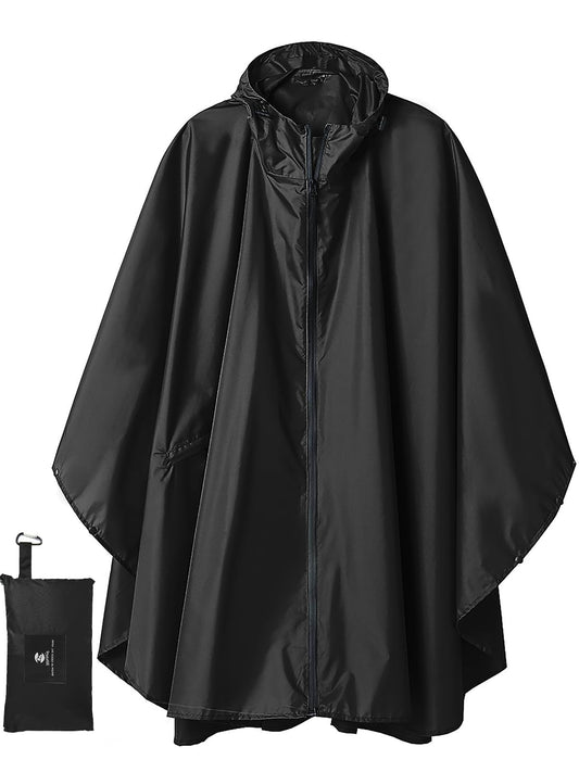 SaphiRose Hooded Rain Ponchos Outdoor Waterproof Raincoat Jacket for Adults with Zipper (Black)