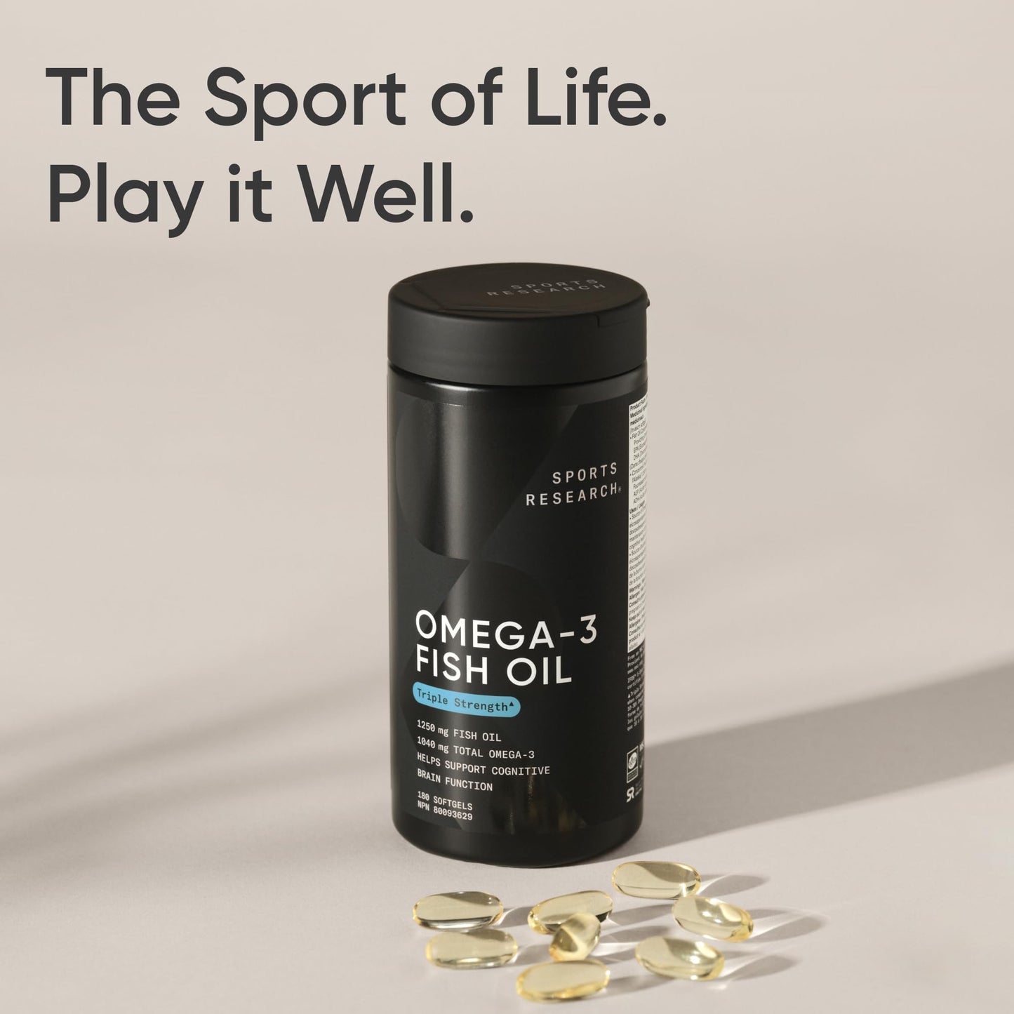 Sports Research® Triple Strength Omega 3 Fish Oil - Burpless Supplement w/EPA & DHA Fatty Acids from Wild Alaskan Pollock - Supports Cognitive Health & Brain Function for Men & Women - 1250mg, 180ct