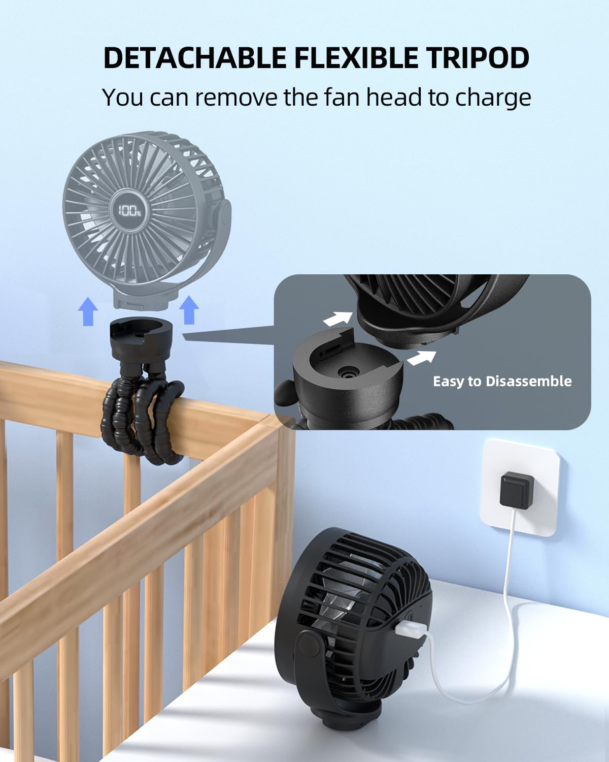 Portable Stroller Fan, Mini Baby Fan Clip on Fan, LED Display, 360° Rotate Flexible Tripod, Rechargeable Small Personal Handheld Fan Cooling Desk Fan for Car Seat Crib Treadmill Travel