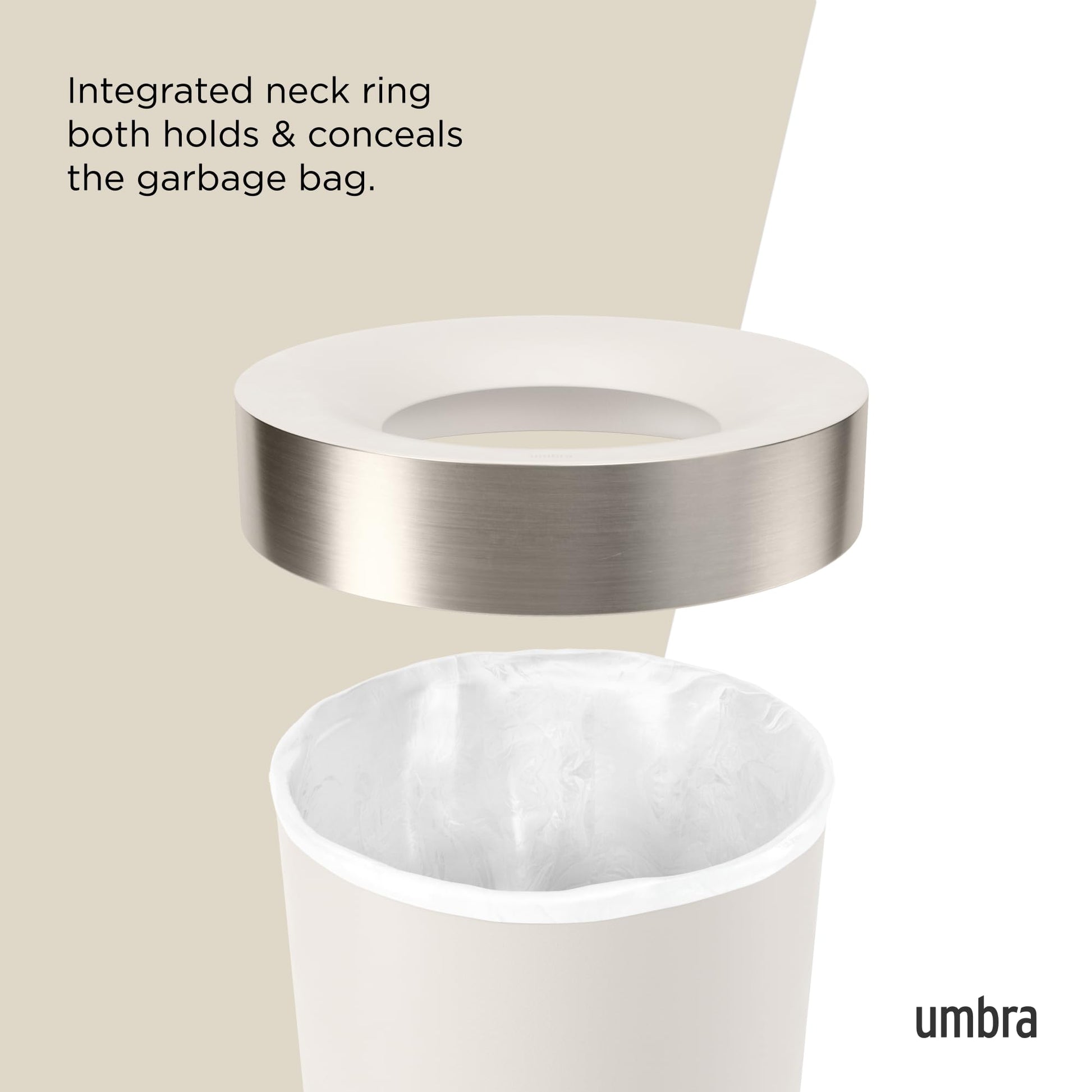 Umbra Vento Kitchen Trash Can – Large 16 Gal (62 L) Open Top Garbage Can for Home & Office – Modern Clean Design, Sand/Nickel Umbra