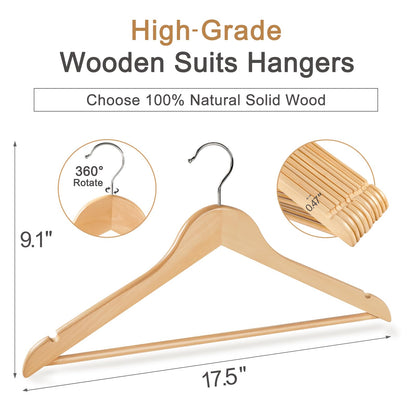 TOPIA HANGER Wooden Hangers (30 Pack), Natural Wooden Coat Hangers with Non Slip Pants Bar, 360°Swivel Hook and Shoulder Notches for Suit, Jacket, Pants, Smooth Finish Clothes Hangers - CT34N30 - Available at All In One Marketplace Canada