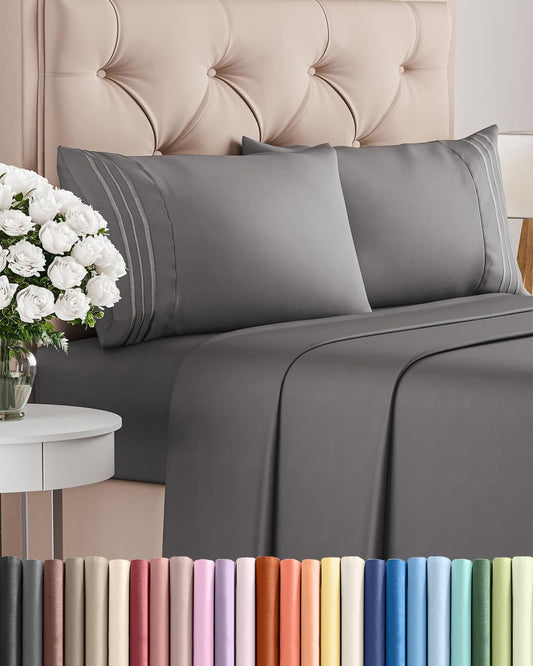 King Size 4 Piece Sheet Set - Comfy Breathable & Cooling Sheets - Hotel Luxury Bed Sheets for Women & Men - Deep Pockets, Easy-Fit, Extra Soft & Wrinkle Free Sheets - Dark Grey Oeko-Tex Bed Sheet Set