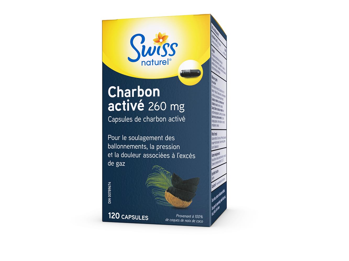 Swiss Natural Activated Charcoal, 260mg | Relief for Bloating, Gas & Digestive Discomfort | 100% Coconut Shell Sourced | No Dairy, Gluten, or Preservatives | 120 Capsules - Available at All In One Marketplace Canada