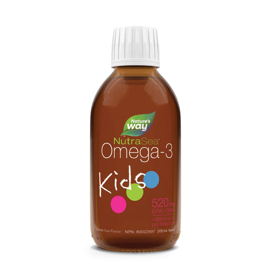 Nature's Way NutraSea Kids Omega 3 + Vitamin D Fish Oil Liquid Supplement for Kids Ages 1 to 14 – Bubblegum Flavour – Brain, Eye & Bone Support – EPA & DHA + GLA + D3, 200 mL - Available at All In One Marketplace Canada