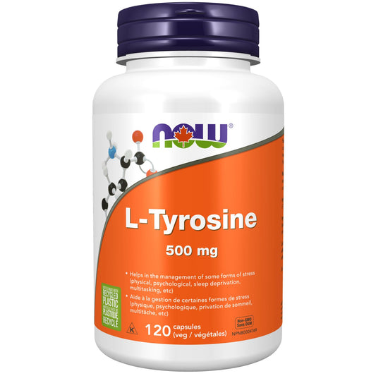 NOW Supplements, L-Tyrosine 500 mg, Supports Mental Alertness, Neurotransmitter Support, 120 Capsules - Available at All In One Marketplace Canada