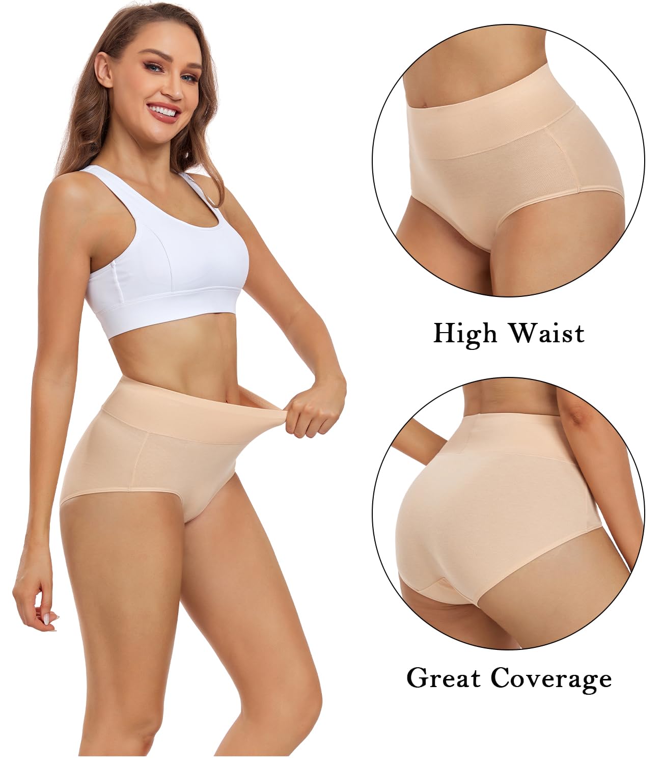 Culotte taille haute en coton pour femme Wirarpa, sous-vêtements confortables, lot de 5, couleur beige, taille médium
