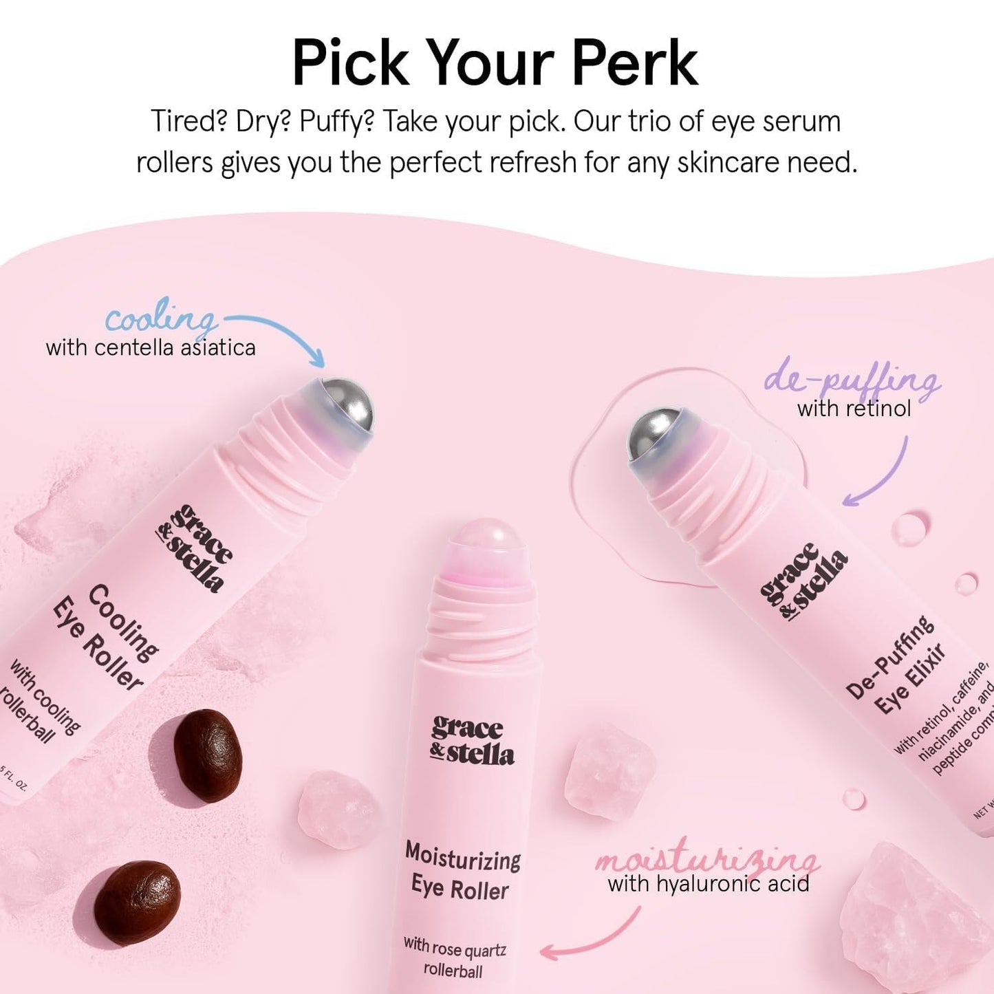 grace & stella Under Eye Brightener Roller - Airplane Travel Essentials - Travel Size Toiletries - Retinol & Caffeine Eye Serum for Puffiness, Dark Circles, Wrinkles - Vegan Skincare (15ml / 0.51floz)