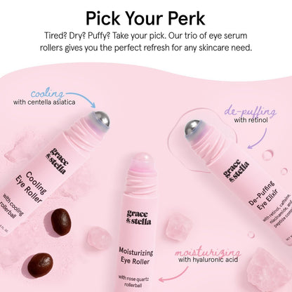 grace & stella Under Eye Brightener Roller - Airplane Travel Essentials - Travel Size Toiletries - Retinol & Caffeine Eye Serum for Puffiness, Dark Circles, Wrinkles - Vegan Skincare (15ml / 0.51floz)