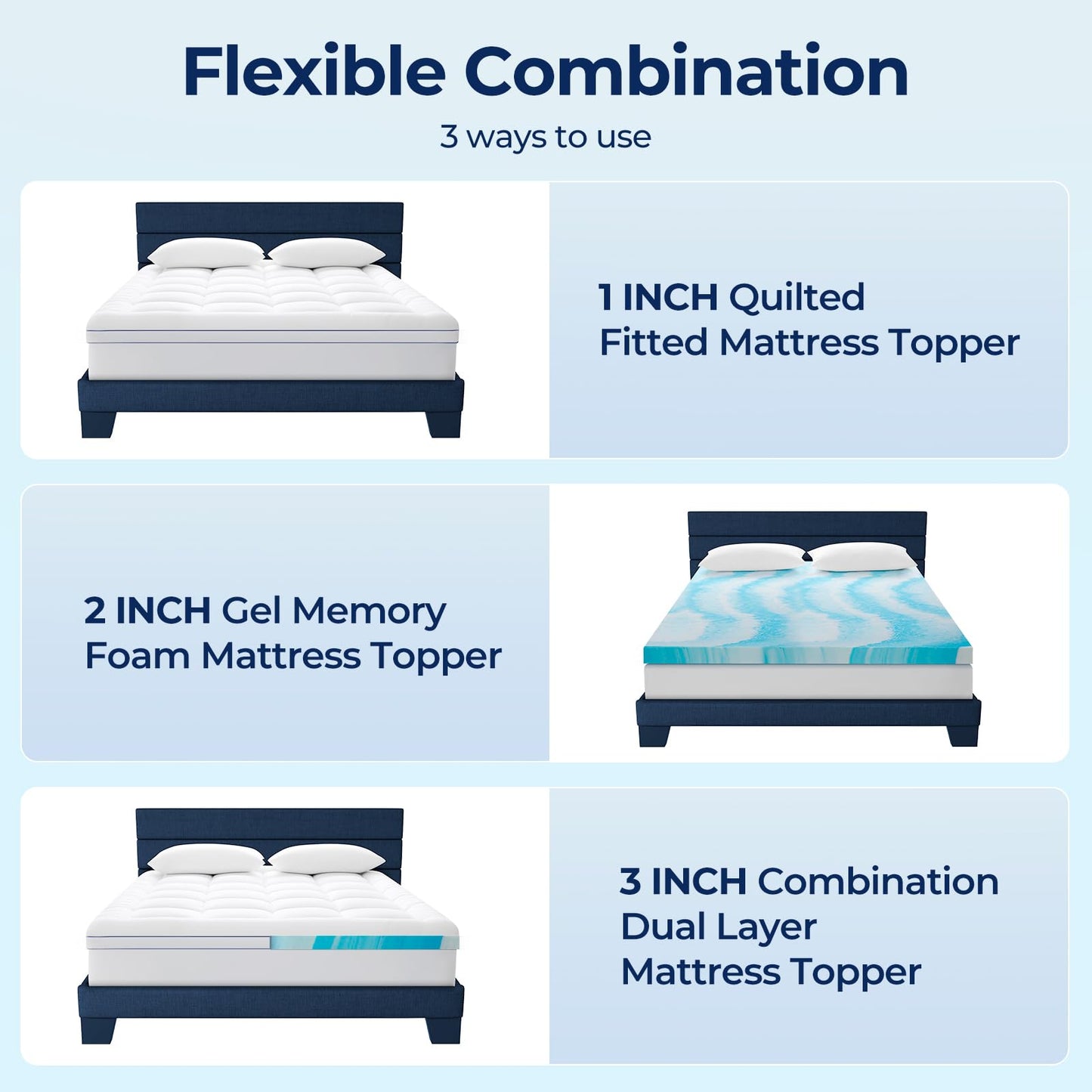 Premium Dual Layer 3 Inch Memory Foam Mattress Topper, 2 Inch Gel Memory Foam and 1 Inch Pillow Top Mattress Pad Cover for Back Pain, Soft Comfort Support（Queen Size 60" x 80"）