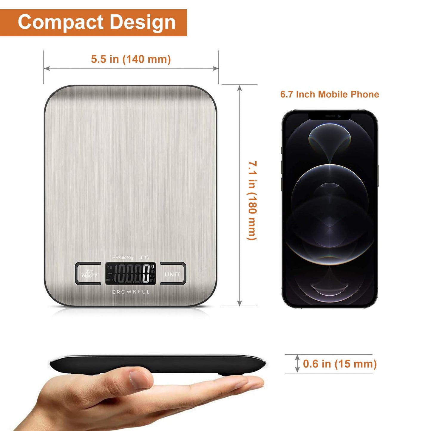 CROWNFUL Food Scale, 11lb Digital Kitchen Scales Weight Ounces and Grams for Cooking and Baking, 6 Units with Tare Function (Battery Included)