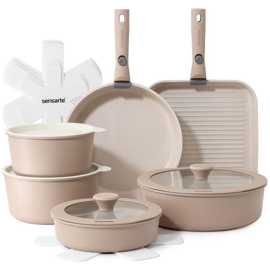SENSARTE 17 Piece Ceramic Pots and Pans Set, Nonstick Detachable Handle Cookware, Induction Kitchen Cookware Set with Removable Handle, Dishwasher ＆ Oven Safe (Almond Beige) - Available at All In One Marketplace Canada