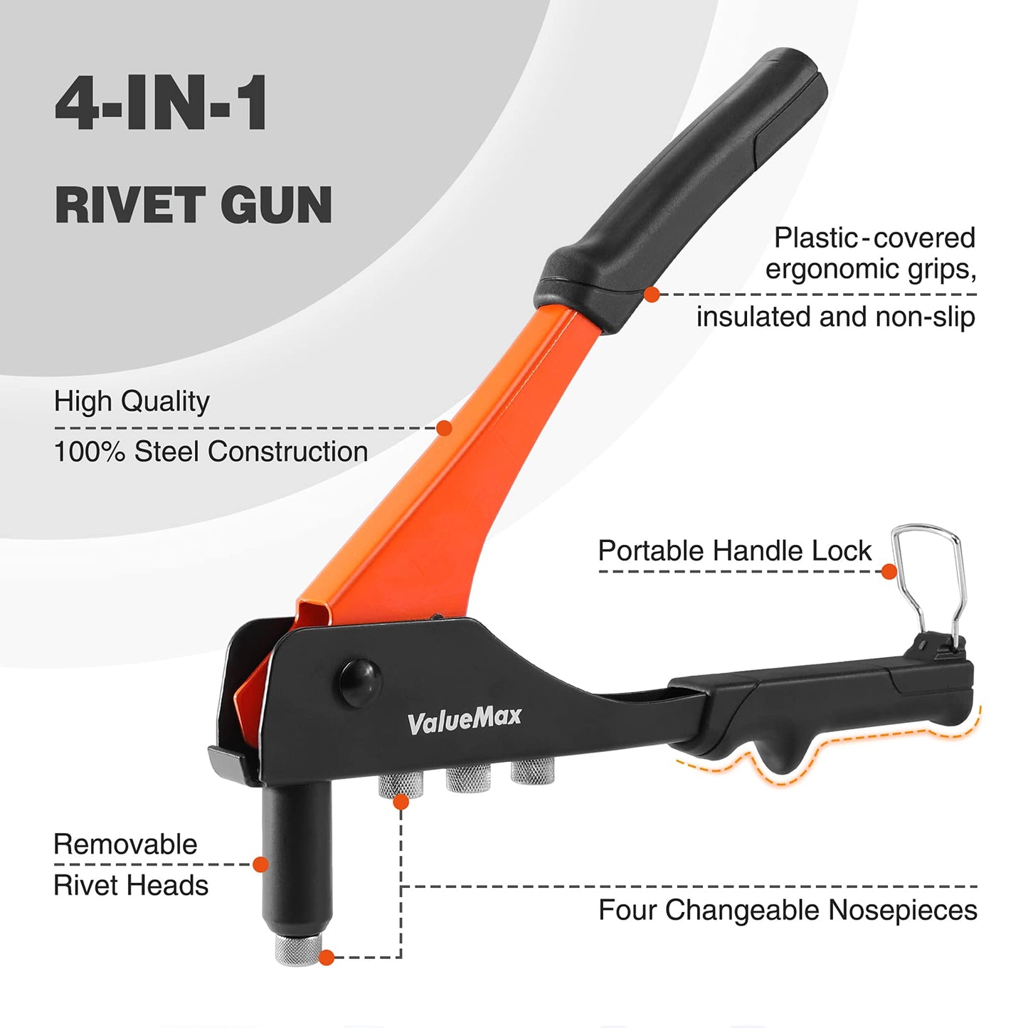 ValueMax 4-in-1 Hand Riveter/Rivet Gun, Pop Rivet Tool Kit with 200 Rivets ValueMax
