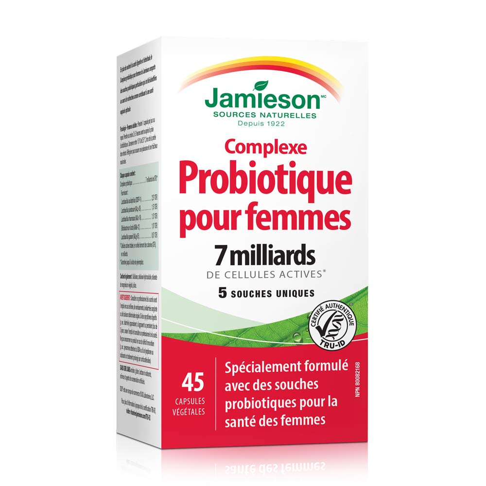Jamieson Women's Probiotic Complex 7 Billion Active Cells, Supports Digestive Health, Intestinal Health, Gut Flora, and Vaginal Health with Lactobacillus and Bifidobacterium, Non-GMO, Gluten-Free, 45 Vegetarian Capsules