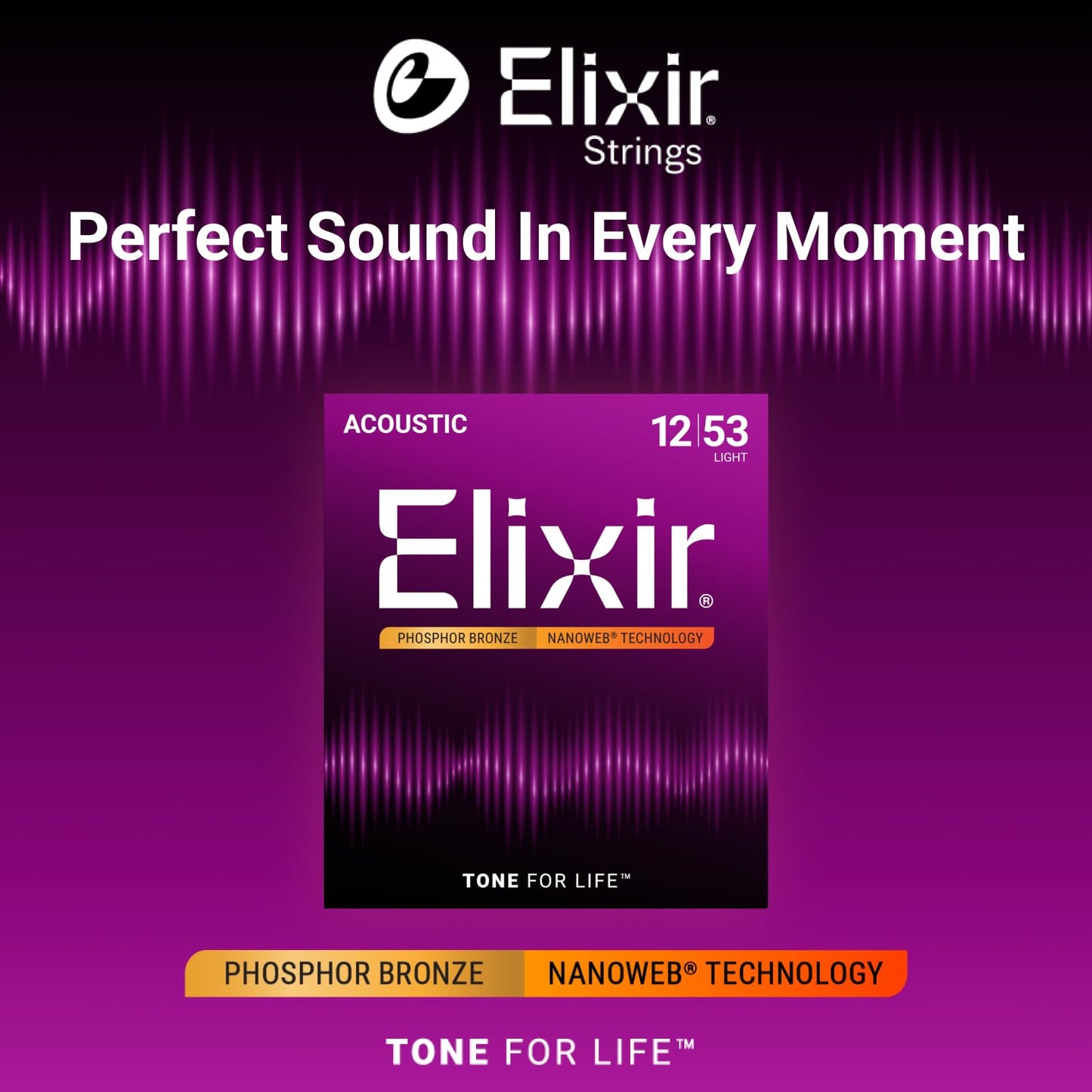 Elixir 16052 Phosphor Bronze Nanoweb Coating Acoustic Guitar Strings - Light 12-53