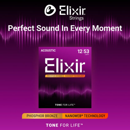 Elixir 16052 Phosphor Bronze Nanoweb Coating Acoustic Guitar Strings - Light 12-53