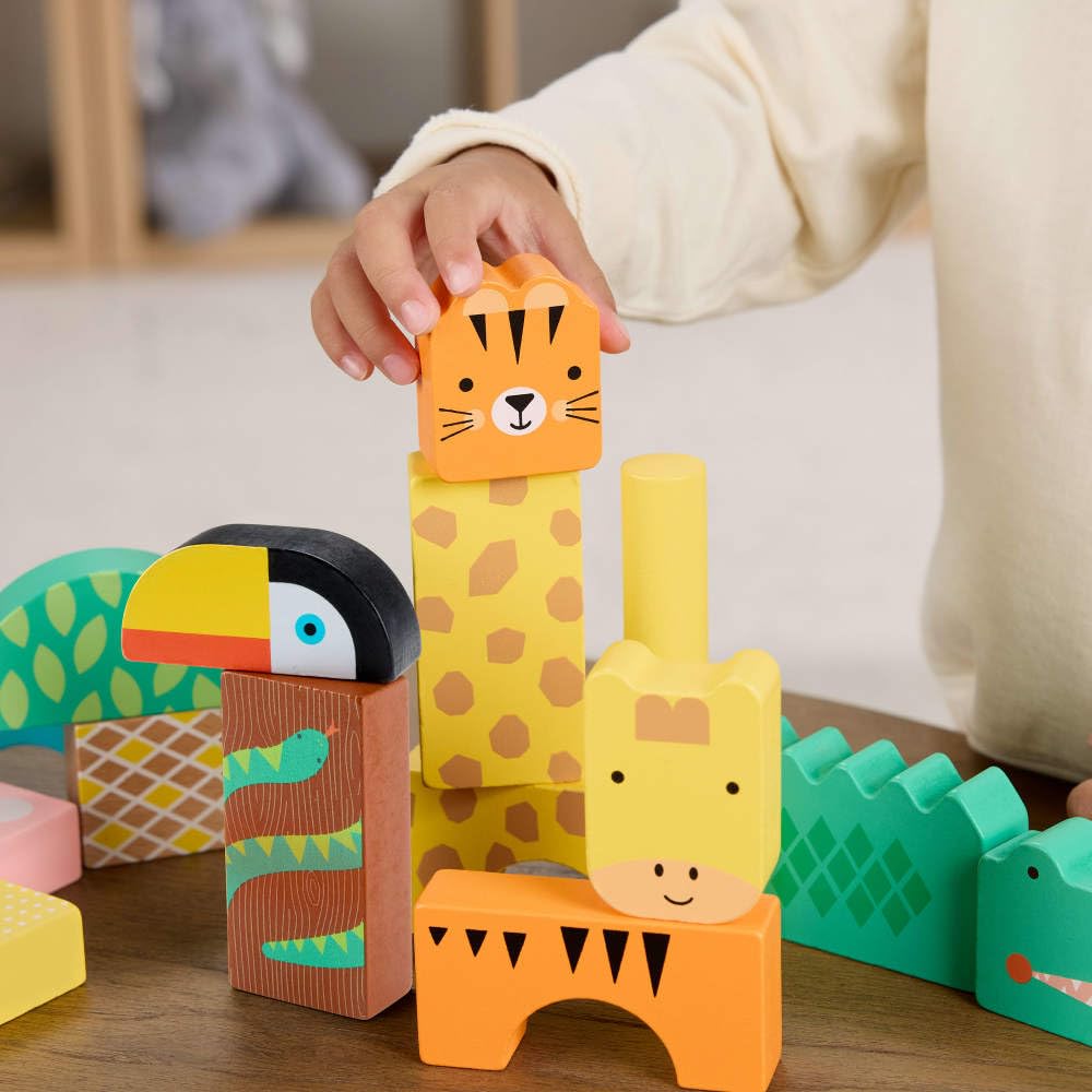 Fisher-Price Wood Toddler Toy Jungle Blocks, 50-Piece Wooden Animal Building Set for Preschool Pretend Play Kids Ages 2+ Years Fisher-Price