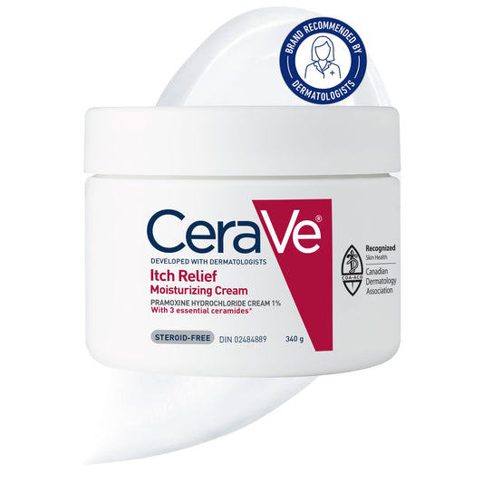 CeraVe Itchy Skin Relief Moisturizing Crean. For Dry & Itchy skin. Anti-itch cream for minor skin irritations, sunburn relief, insect bug bites & scrapes, 1% Pramoxine. Fragrance Free, 340g - Available at All In One Marketplace Canada