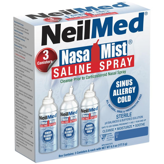 NeilMed NasaMist Saline Spray 177mL. All Natural pH Balanced & Buffered Solution - Soothe, Moisturize and Cleanse Using Specially Designed tip. Contains 3 canisters - Available at All In One Marketplace Canada