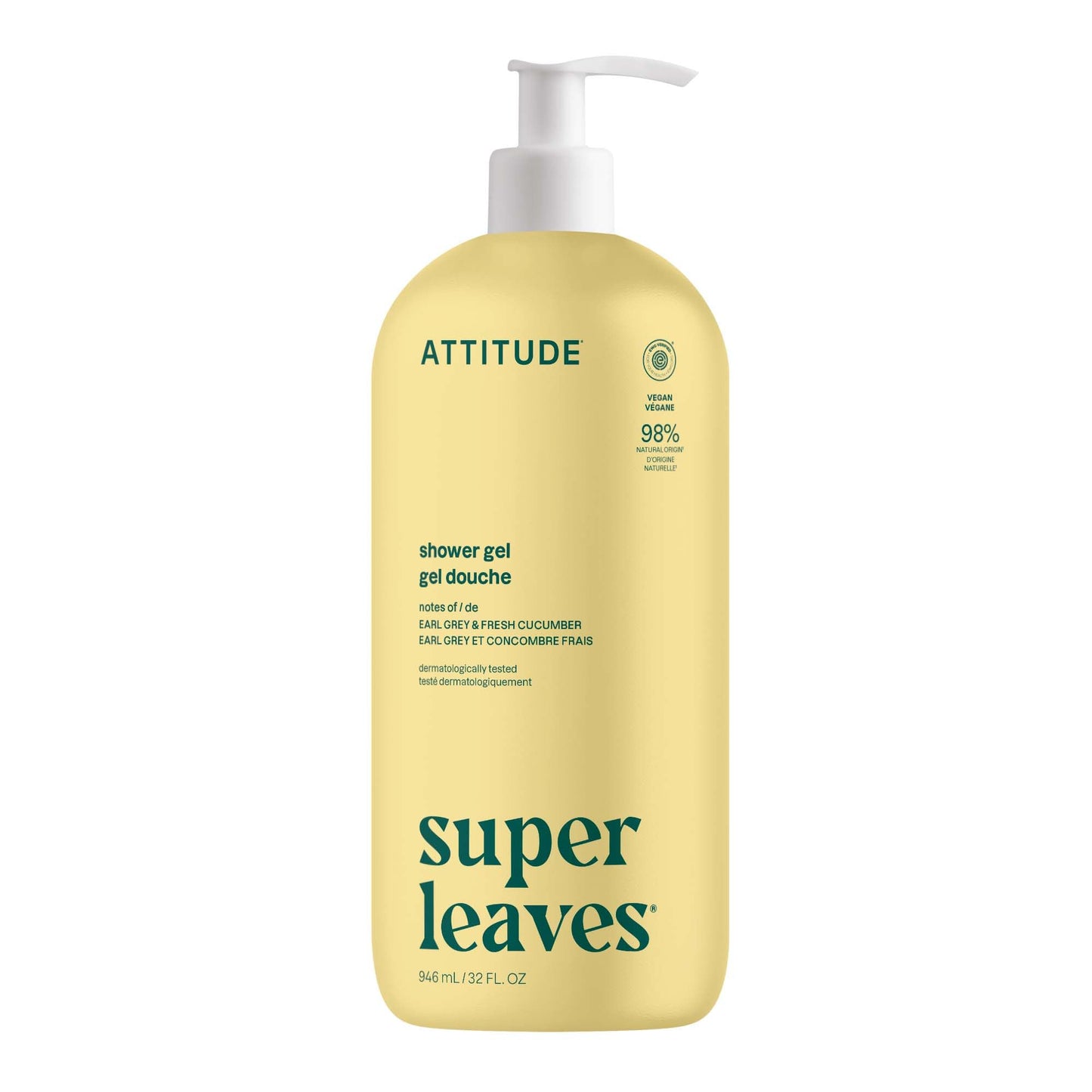 ATTITUDE Body Wash, Made in Canada, EWG Verified Shower Gel, Dermatologically Tested, Plant and Mineral-Based, Vegan Personal Care Products, Earl Grey & Fresh Cucumber Scent, 946 mL