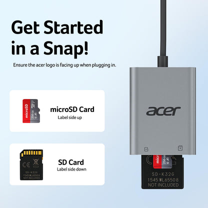 Acer USB C SD Card Reader, Sturdy Micro SD Card Adapter (Durable Nylon, No Block), High-Speed Type C Camera Memory Card Reader Compatible with MacBook Neo(A18 Pro), iPhone 16, Galaxy, USB-C Tablet