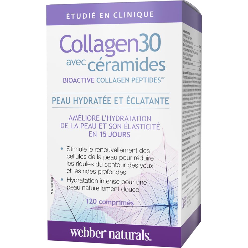 Webber Naturals Collagen30 with Ceramides, Bioactive Collagen Peptides, 120 Tablets, Hydrating Glow, Helps Improve Skin Hydration, Elasticity & Smoothness - Available at All In One Marketplace Canada