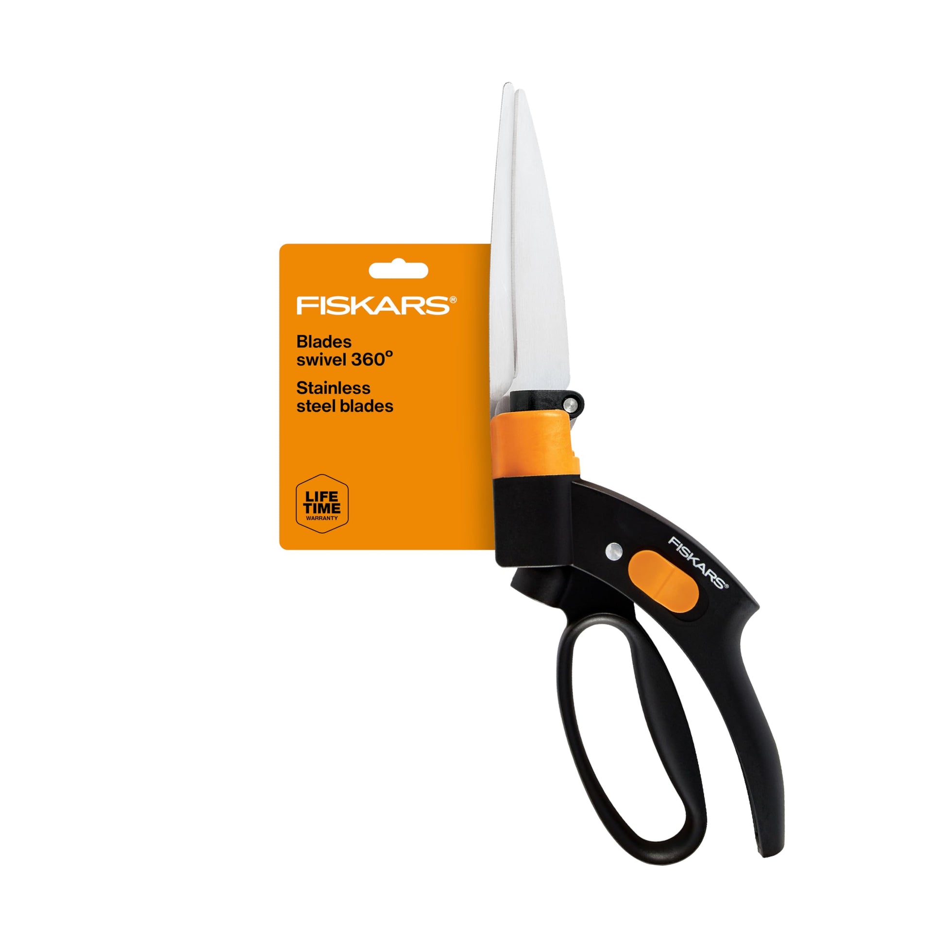 Fiskars Shear Ease Grass Shears - 5" Stainless Steel Blades - 360-Degree Swivel Blade Plant Cutting Scissors - Garden Shears and Grass Cutter Fiskars