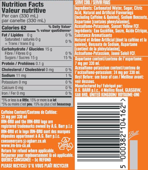 IRN-BRU Original Soft Drink, 330ml Cans, Pack of 24