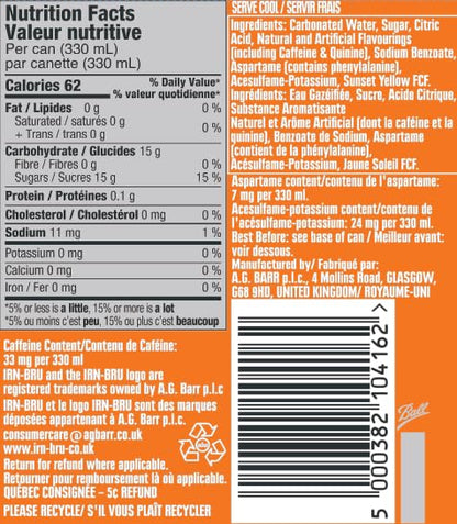 IRN-BRU Original Soft Drink, 330ml Cans, Pack of 24