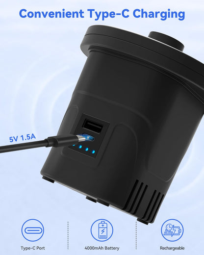 Air Mattress Pump, Dr.meter 4000mAh Rechargeable Battery Air Pump for Inflatable, Portable Quick-Fill Inflator Deflator for Outdoor Camping Inflatable Pool Float Boat Raft Yoga Ball Swim Ring Airbed - Available at All In One Marketplace Canada