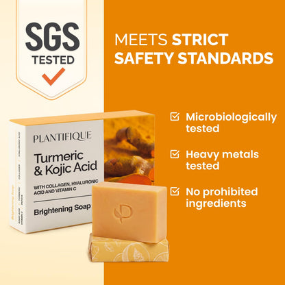 PLANTIFIQUE Turmeric & Kojic Acid Soap for Hyperpigmentation, Lab Tested - 4 Bars with Mesh Net - Face & Body Wash with Hyaluronic Acid, Collagen, Vitamin C - 320g / 11.28 oz