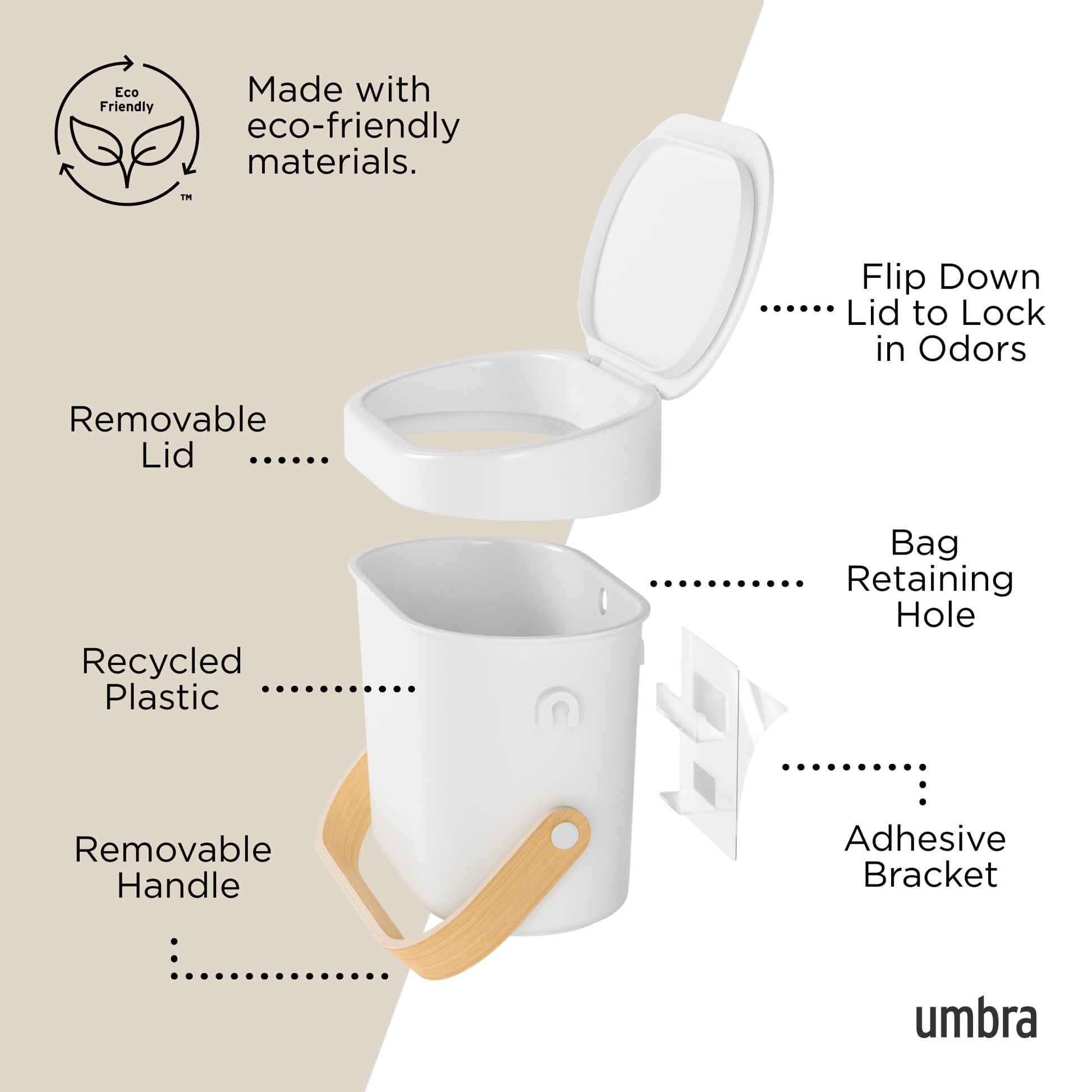 Umbra Bellwood Kitchen Compost Bin – White/Natural, Countertop or Cabinet Mounted, 4L Compost Container with Hidden Bag Retainer, BPA-Free & Dishwasher Safe| Bellwood Collection Umbra