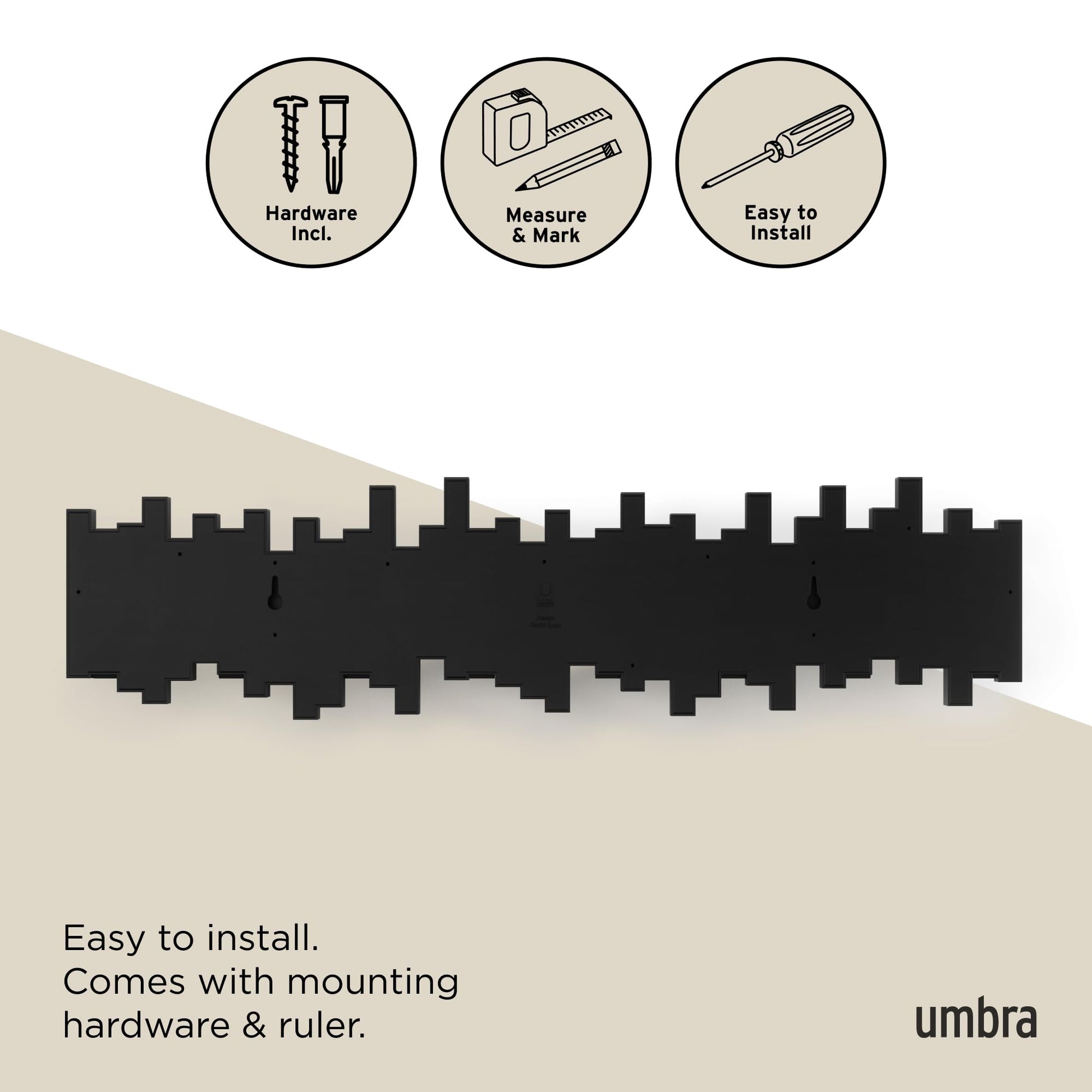 Umbra Sticks Wall-Mounted Coat Rack Rail Hook with 8 Retractable Pegs – Modern, Space-Saving Storage Organizer, Black Umbra