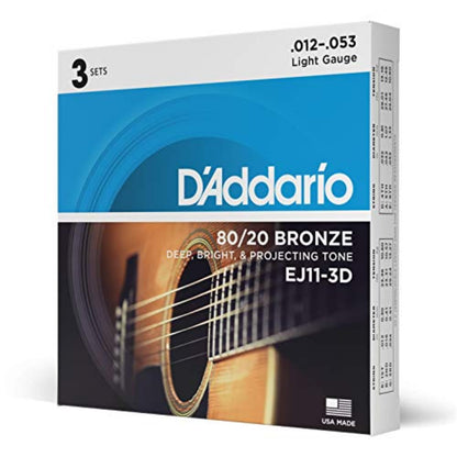 D’Addario Guitar Strings - Acoustic Guitar Strings - 80/20 Bronze - For 6 String Guitar - Deep, Bright, Projecting Tone - EJ11-3D - Light, 12-53 - 3-Pack