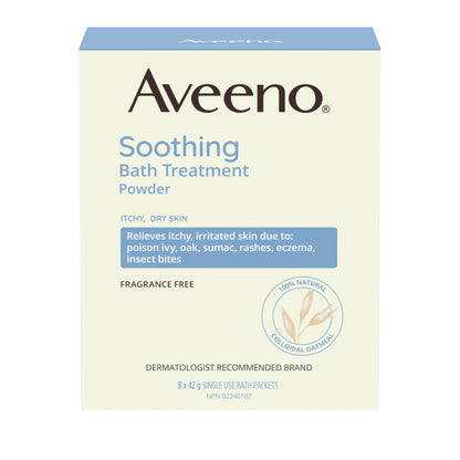 Aveeno Soothing Bath Treatment, Eczema, Dry Skin Relief, Colloidal Oatmeal Bath, Cleanser, Fragrance Free, 8-pack, 42 gram - Available at All In One Marketplace Canada