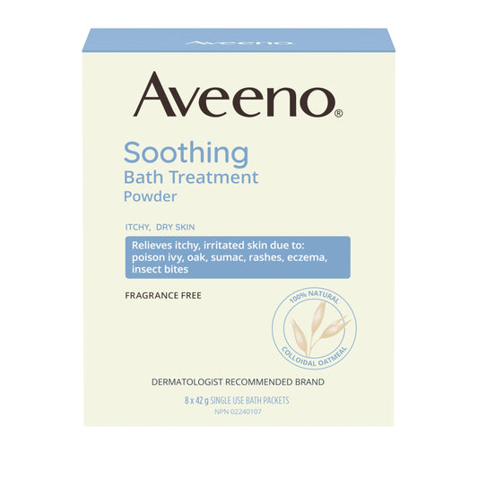 Aveeno Soothing Bath Treatment, Eczema, Dry Skin Relief, Colloidal Oatmeal Bath, Cleanser, Fragrance Free, 8-pack, 42 gram - Available at All In One Marketplace Canada