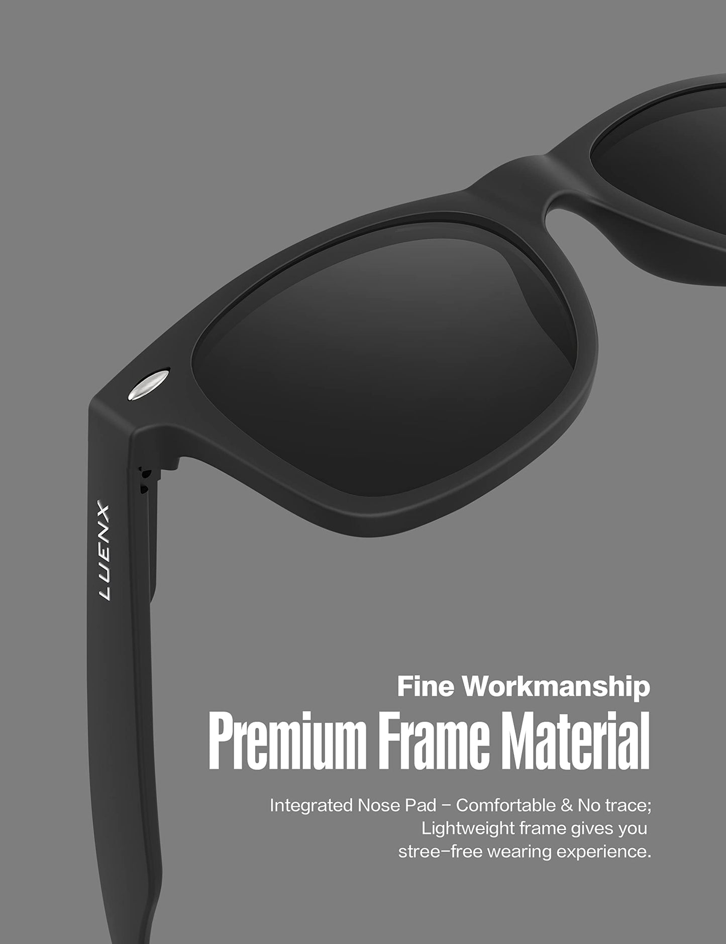 LUENX Polarized Sunglasses for Men Women UV400 Protection Non-mirrored Black Lens Matte Black Square Frame 54MM
