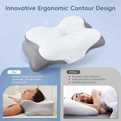 SNUGUP Ergonomic Cervical Neck Pillow, Memory Foam Neck Support Pillow with Contoured Design, Breathable Removable Pillowcase, for Side Back Stomach Sleepers, White - Available at All In One Marketplace Canada