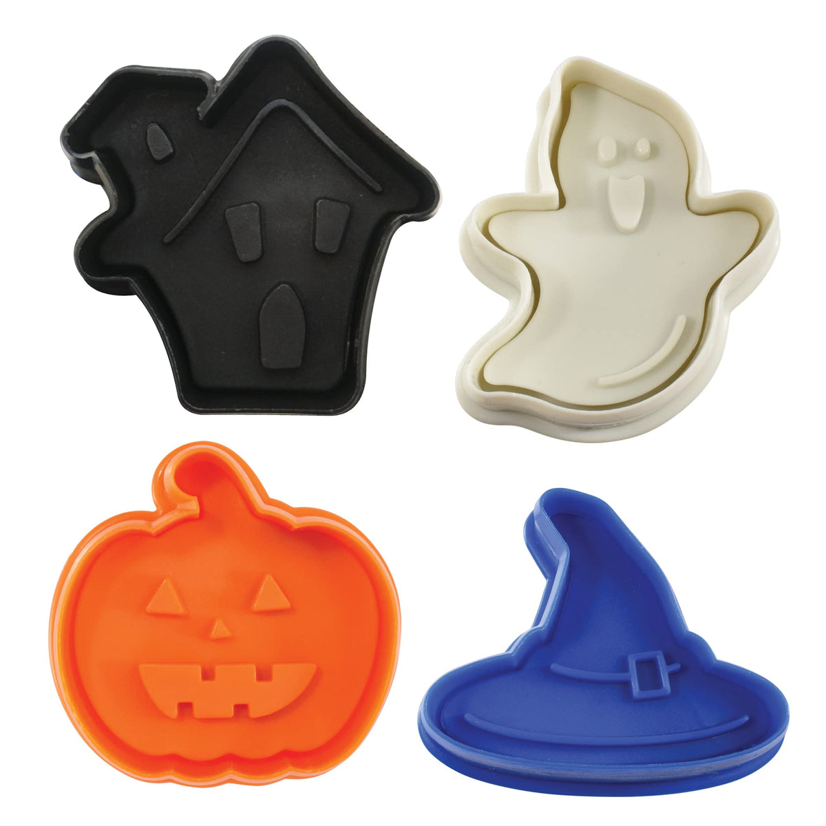 R&M International 0494 Emporte-pièces/tampons pour pâtisserie, biscuits ou pâte à sucre Halloween de 5 cm, Maison hantée, Chapeau de sorcière, Citrouille, Fantôme, Ensemble de 4 pièces