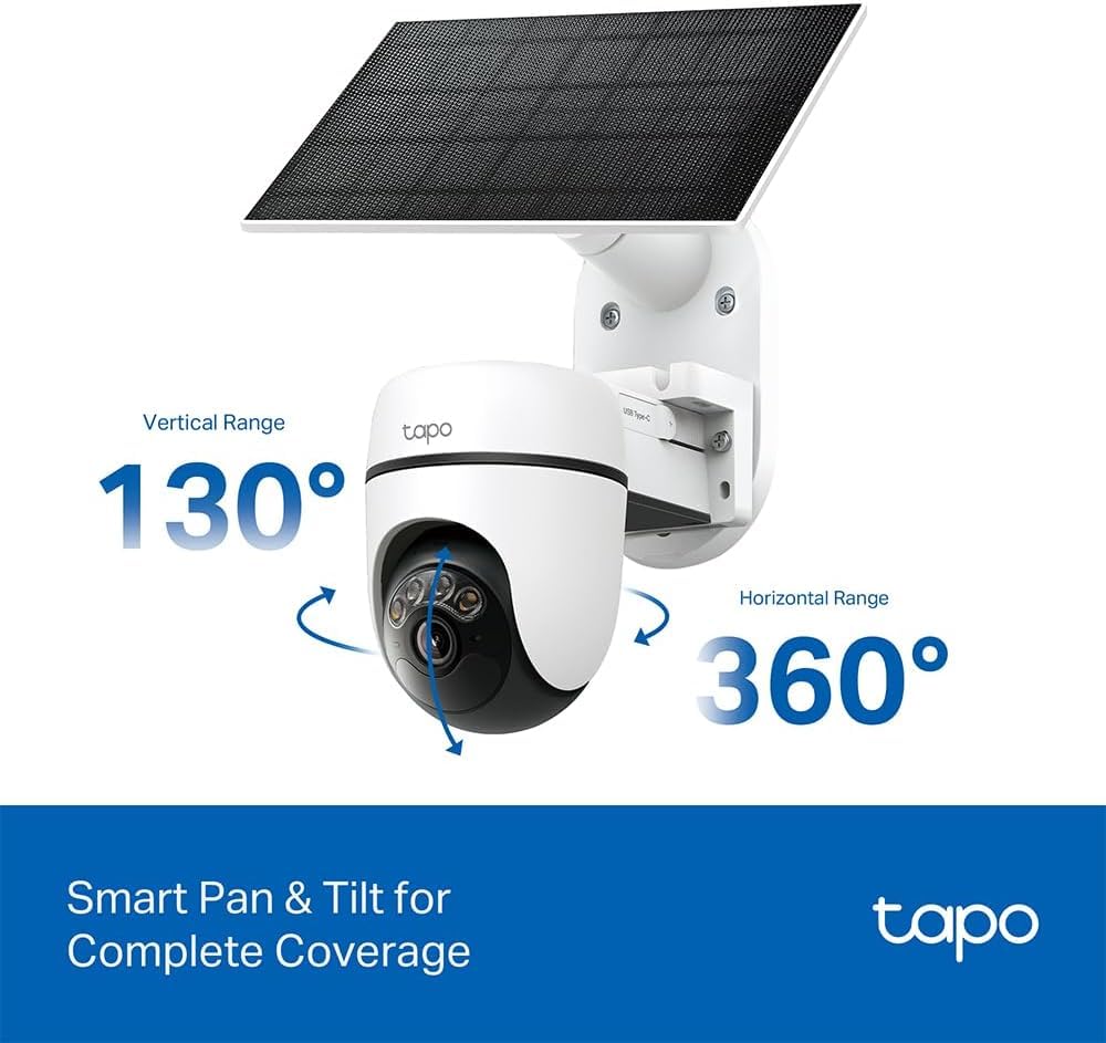 Tapo Solar-Powered Pan/Tilt Outdoor Security Camera Kit, Wireless, 2K 3MP, 360° AI Tracking, No Monthly Fee, Person Detection, Color Night Vision, SD/Cloud Storage 512GB, Works w/Alexa & Google Home