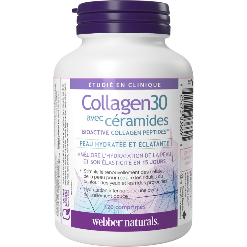 Webber Naturals Collagen30 with Ceramides, Bioactive Collagen Peptides, 120 Tablets, Hydrating Glow, Helps Improve Skin Hydration, Elasticity & Smoothness - Available at All In One Marketplace Canada