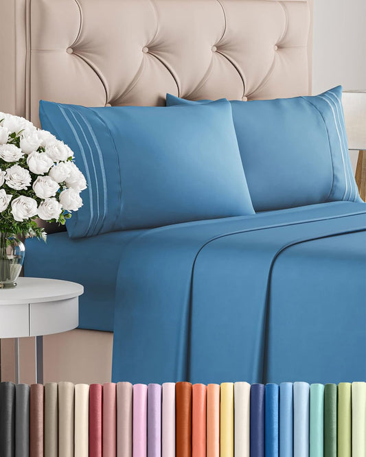 Queen Size 4 Piece Sheet Set - Comfy Breathable & Cooling Sheets - Hotel Luxury Bed Sheets for Women & Men - Deep Pockets, Easy-Fit, Soft & Wrinkle Free Sheets - Denim Blue Oeko-Tex Bed Sheet Set