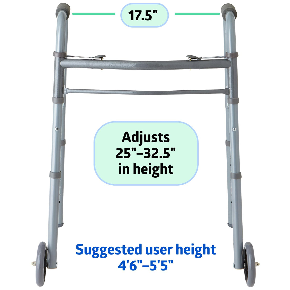 Medline Two-Button Folding Walker with 5" Wheels, Basic, 400lb Duty