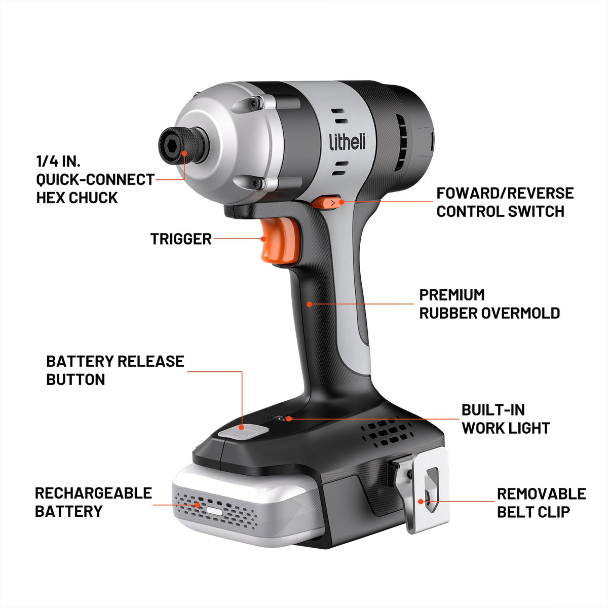 LiTHELi 20V Cordless Impact Driver Kit, Built-in LED Light, 1/4-inch Hex Chuck, 2800 RPM, 2A, Battery Powered, Black, with 20 Driver Bits and Extension, 24.6x17.8x10.2 cm