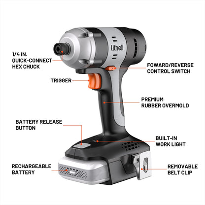 LiTHELi 20V Cordless Impact Driver Kit, Built-in LED Light, 1/4-inch Hex Chuck, 2800 RPM, 2A, Battery Powered, Black, with 20 Driver Bits and Extension, 24.6x17.8x10.2 cm